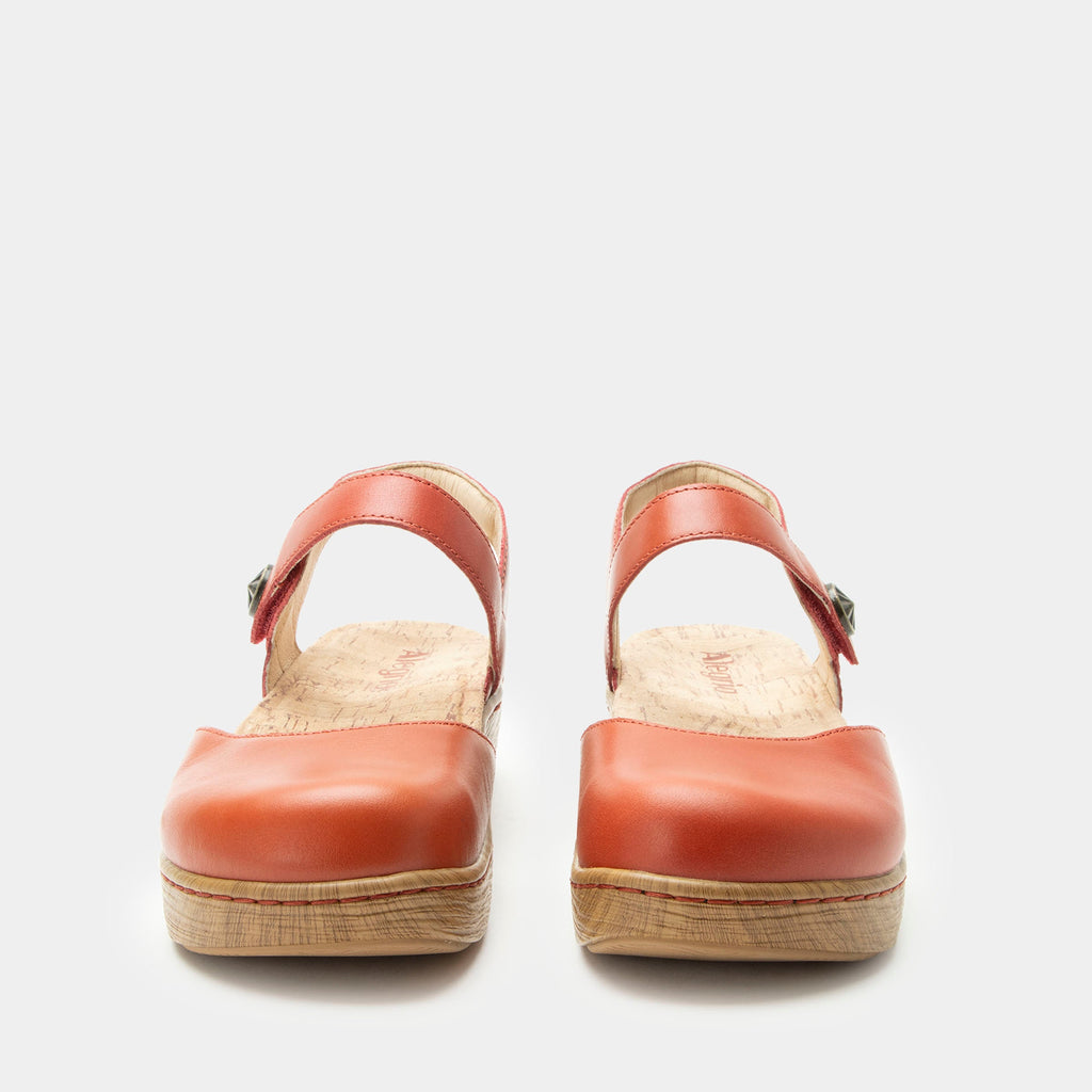 Opal Salmonberry mary jane shoe on a Wood look rocker outsole | Mary jane style with a red leather upper.