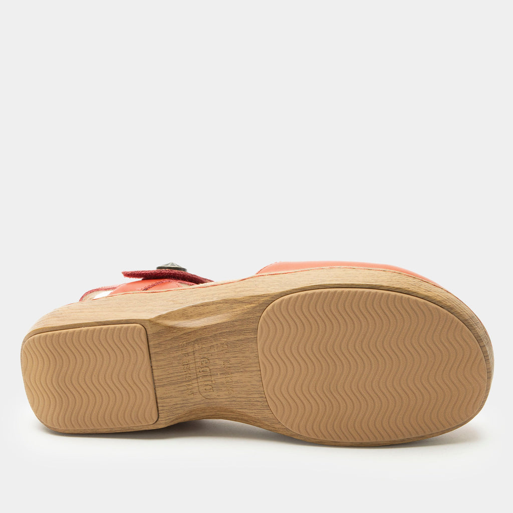 Opal Salmonberry mary jane shoe on a Wood look rocker outsole | Mary jane style with a red leather upper.