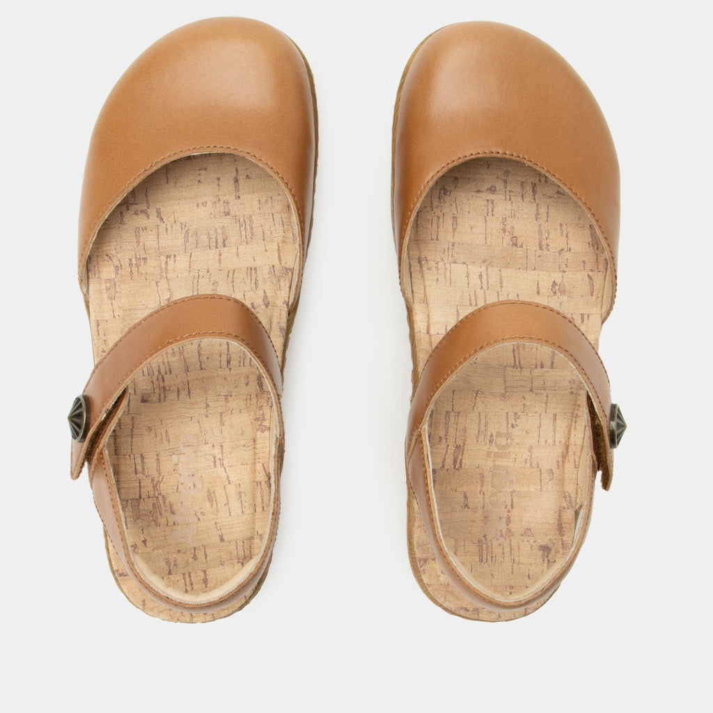 Opal Latte mary jane shoe on a Wood look rocker outsole | Mary jane style with a tan leather upper.