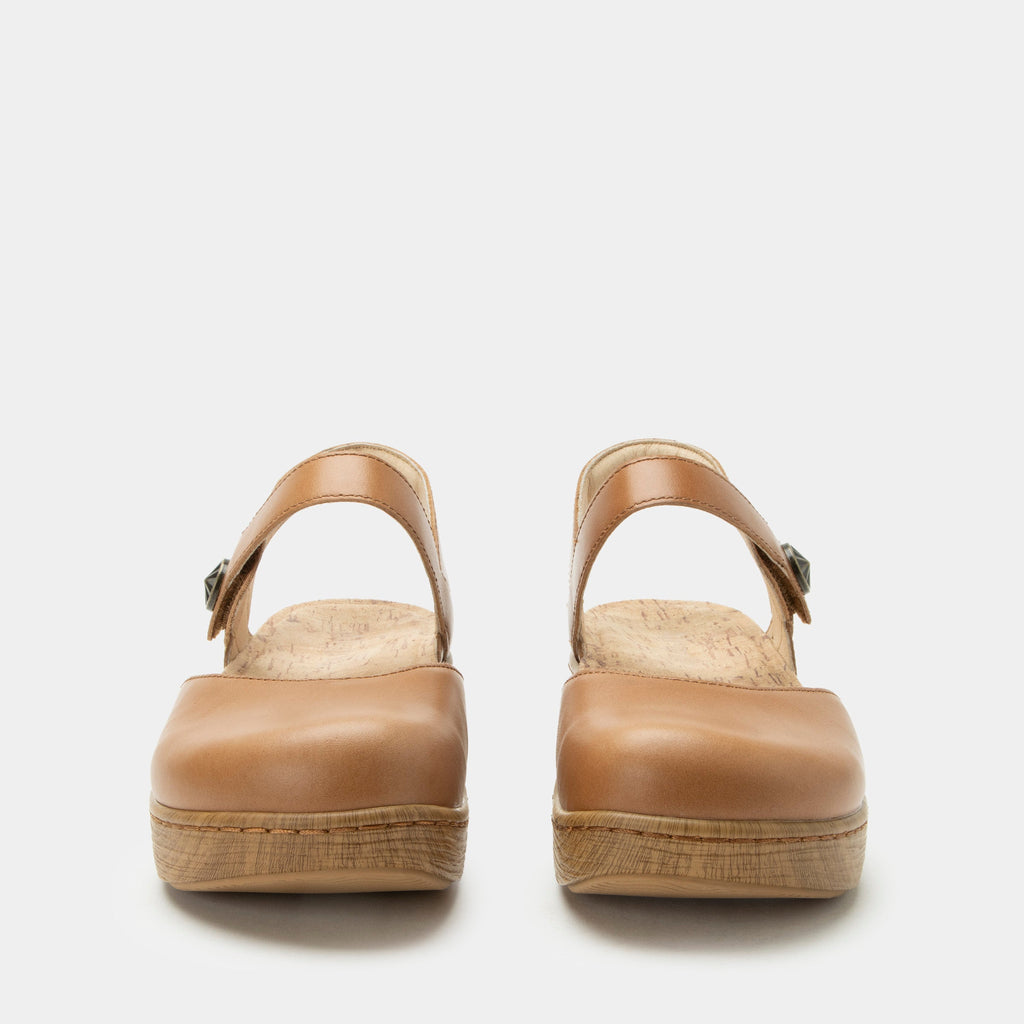 Opal Latte mary jane shoe on a Wood look rocker outsole | Mary jane style with a tan leather upper.