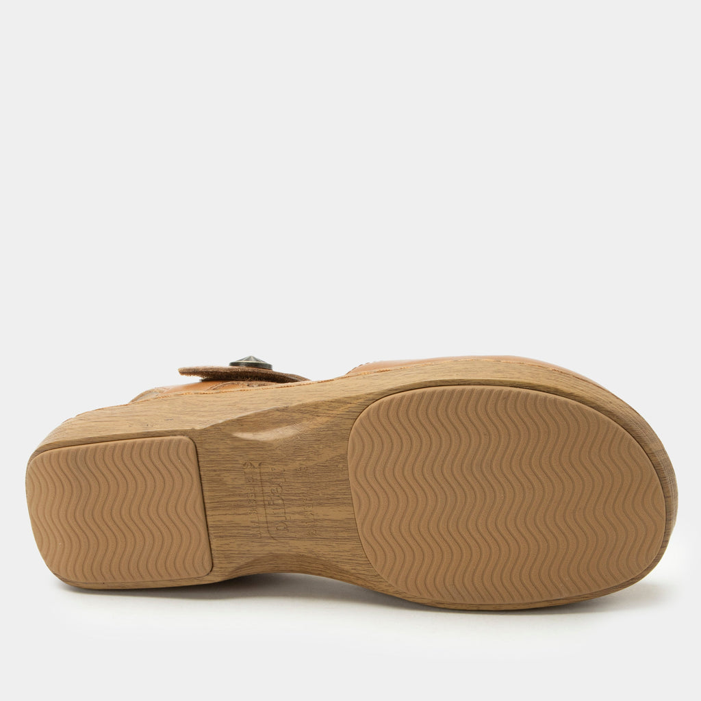 Opal Latte mary jane shoe on a Wood look rocker outsole | Mary jane style with a tan leather upper.