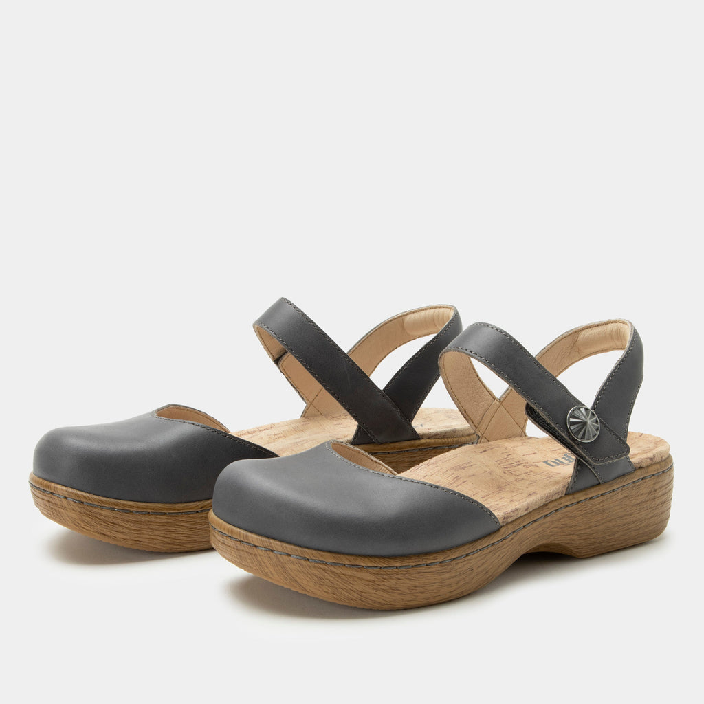 Opal Stone mary jane shoe on a Wood look rocker outsole | Mary jane style with a grey leather upper.