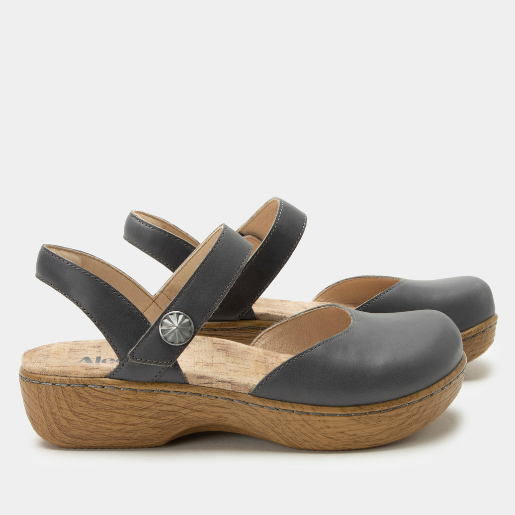 Opal Stone mary jane shoe on a Wood look rocker outsole | Mary jane style with a grey leather upper.