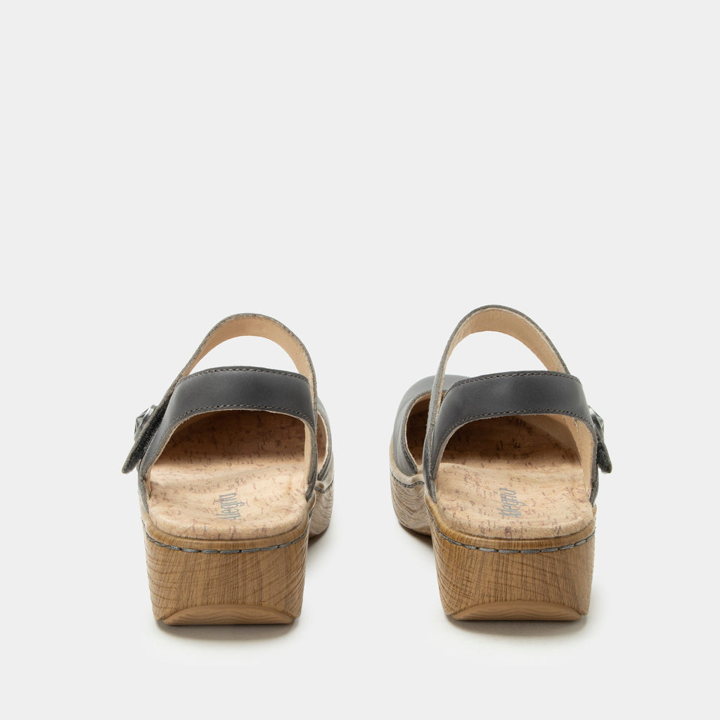 Opal Stone mary jane shoe on a Wood look rocker outsole | Mary jane style with a grey leather upper.