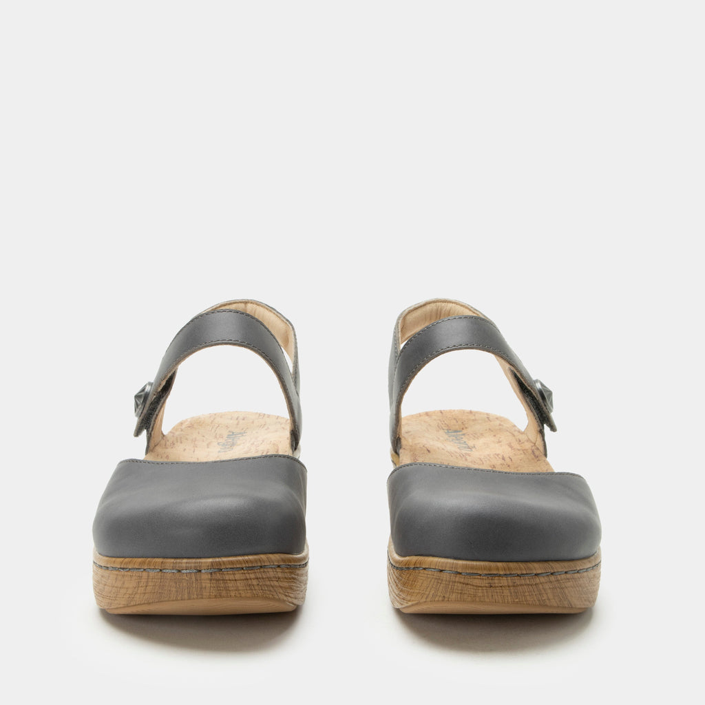 Opal Stone mary jane shoe on a Wood look rocker outsole | Mary jane style with a grey leather upper.