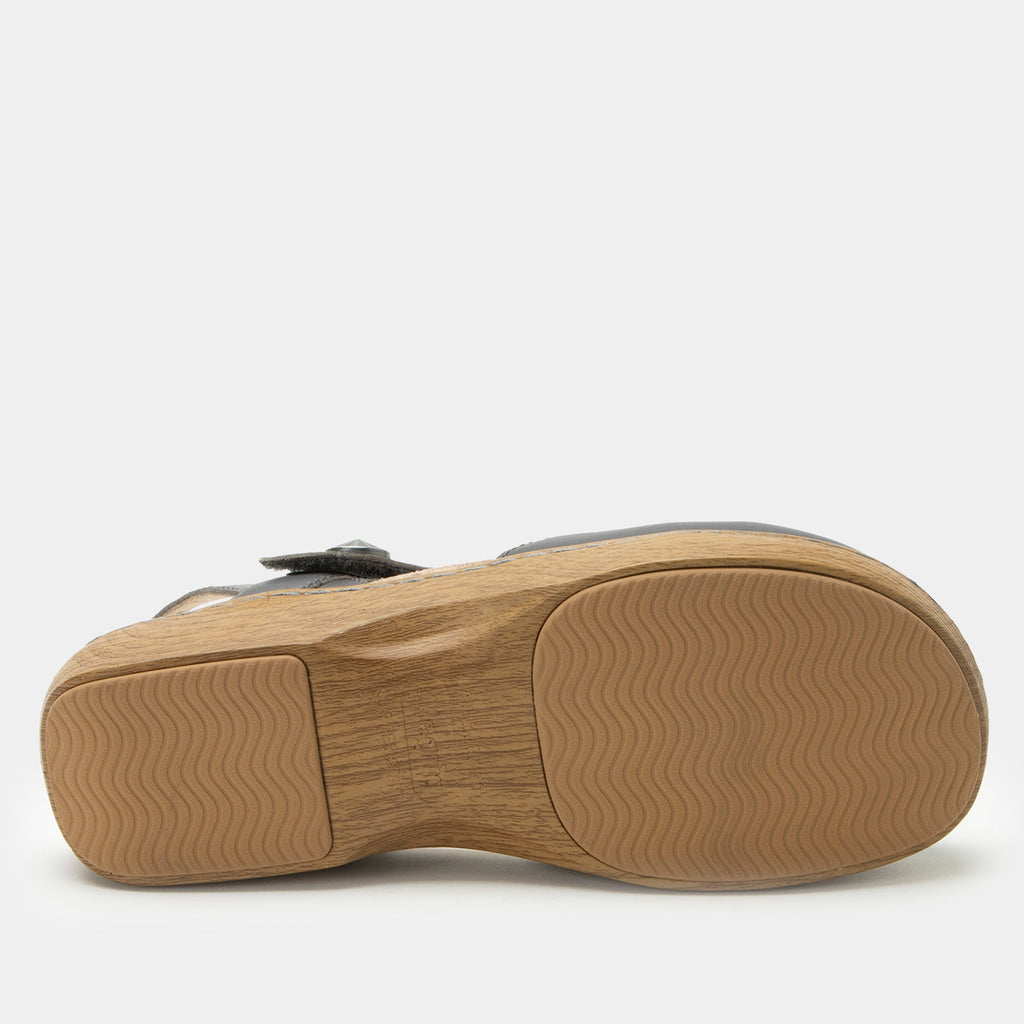 Opal Stone mary jane shoe on a Wood look rocker outsole | Mary jane style with a grey leather upper.