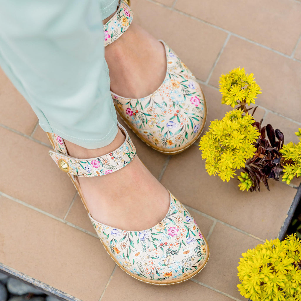 Opal Summer Tyme mary jane shoe on a Wood look rocker outsole | Mary jane style with multi colored florals on a tan  leather upper.