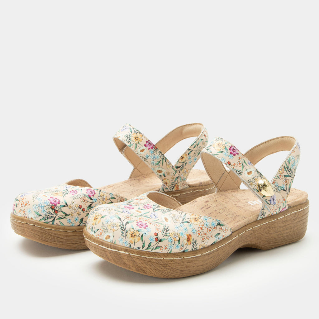 Opal Summer Tyme mary jane shoe on a Wood look rocker outsole | Mary jane style with multi colored florals on a tan  leather upper.