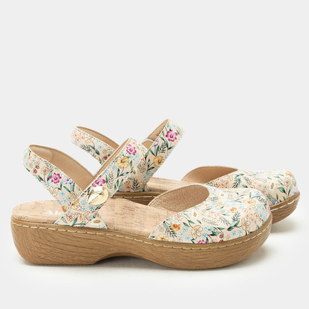 Opal Summer Tyme mary jane shoe on a Wood look rocker outsole | Mary jane style with multi colored florals on a tan  leather upper.