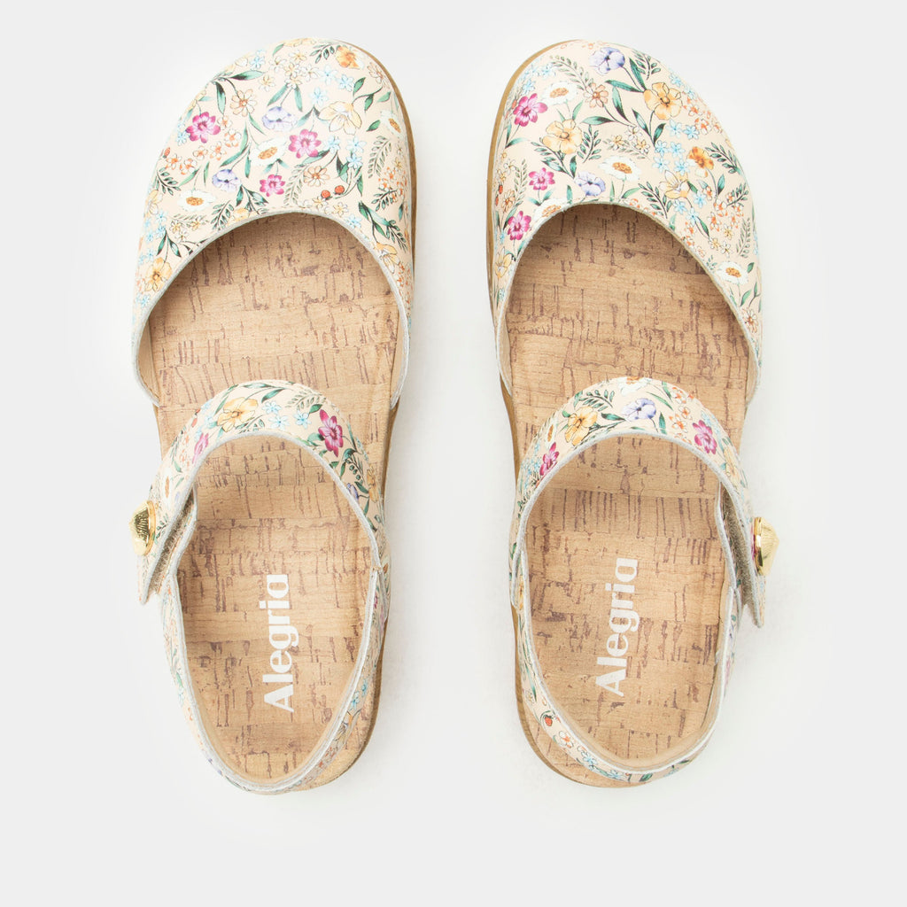 Opal Summer Tyme mary jane shoe on a Wood look rocker outsole | Mary jane style with multi colored florals on a tan  leather upper.