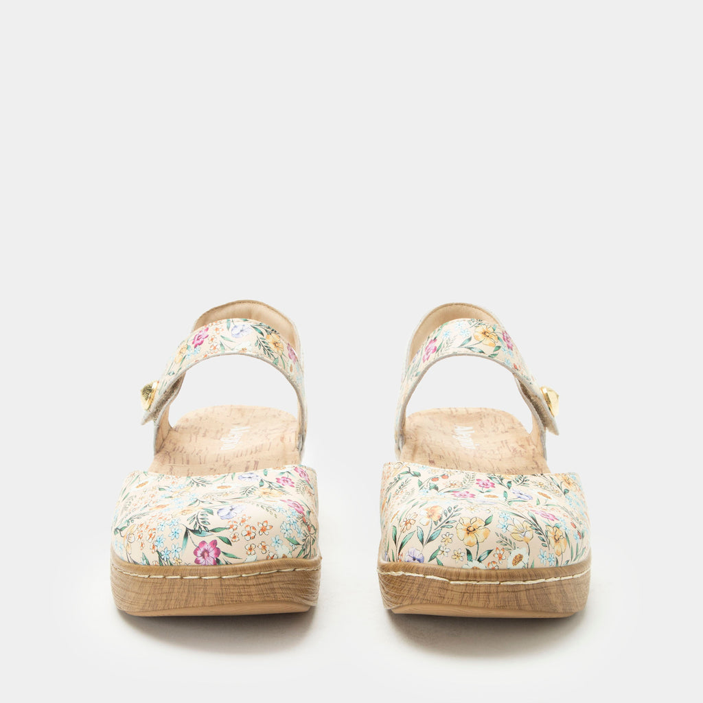 Opal Summer Tyme mary jane shoe on a Wood look rocker outsole | Mary jane style with multi colored florals on a tan  leather upper.