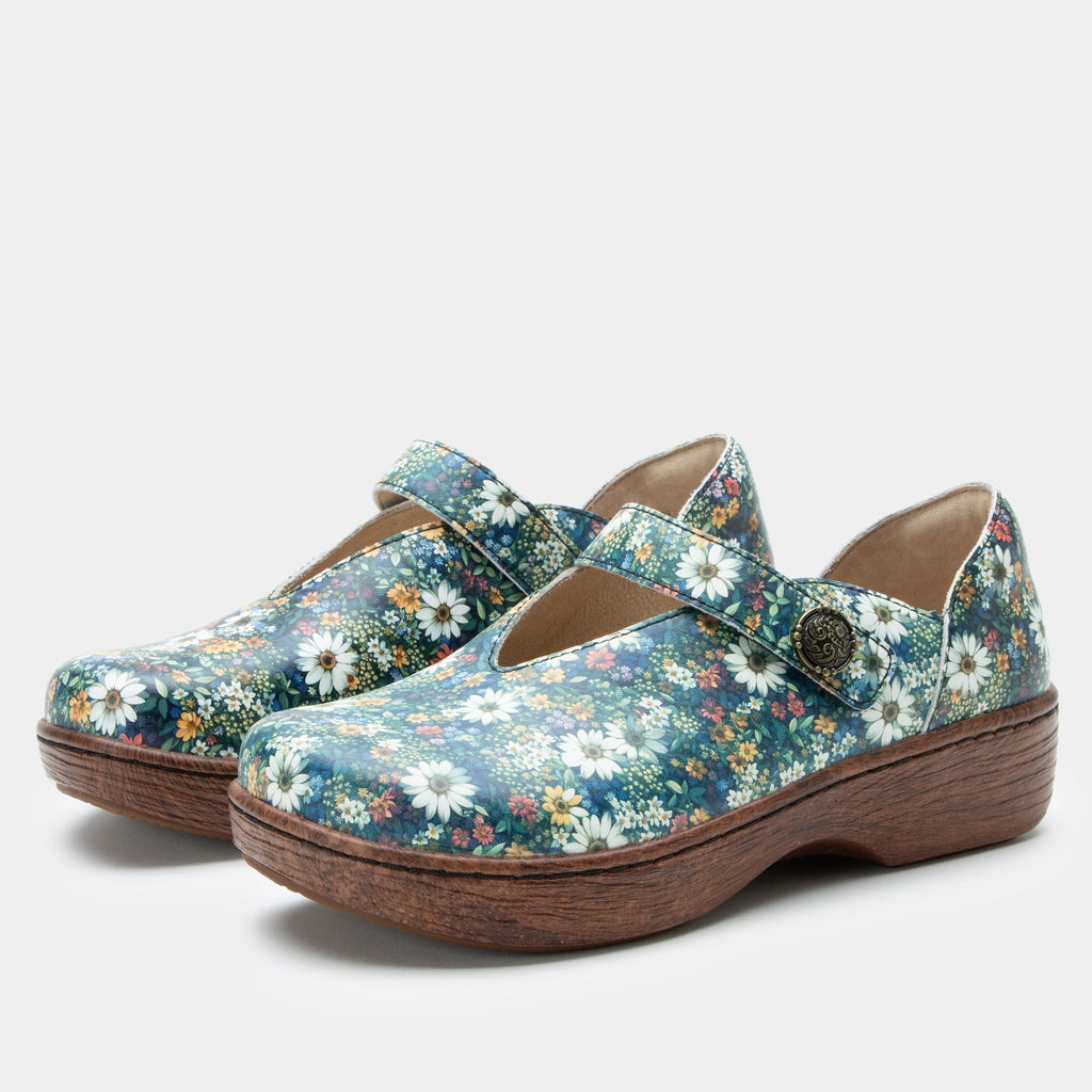 Opheliah Sugar N' Spice slip on style shoe on a Wood look rocker outsole | Multi color florals with a brown outsole.