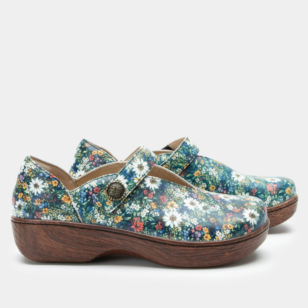 Opheliah Sugar N' Spice slip on style shoe on a Wood look rocker outsole | Multi color florals with a brown outsole.