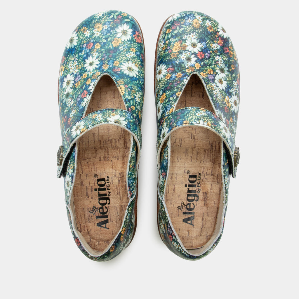 Opheliah Sugar N' Spice slip on style shoe on a Wood look rocker outsole | Multi color florals with a brown outsole.