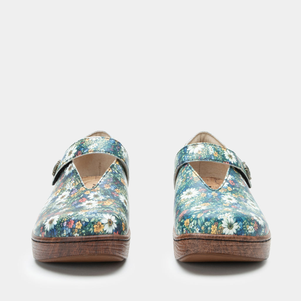 Opheliah Sugar N' Spice slip on style shoe on a Wood look rocker outsole | Multi color florals with a brown outsole.