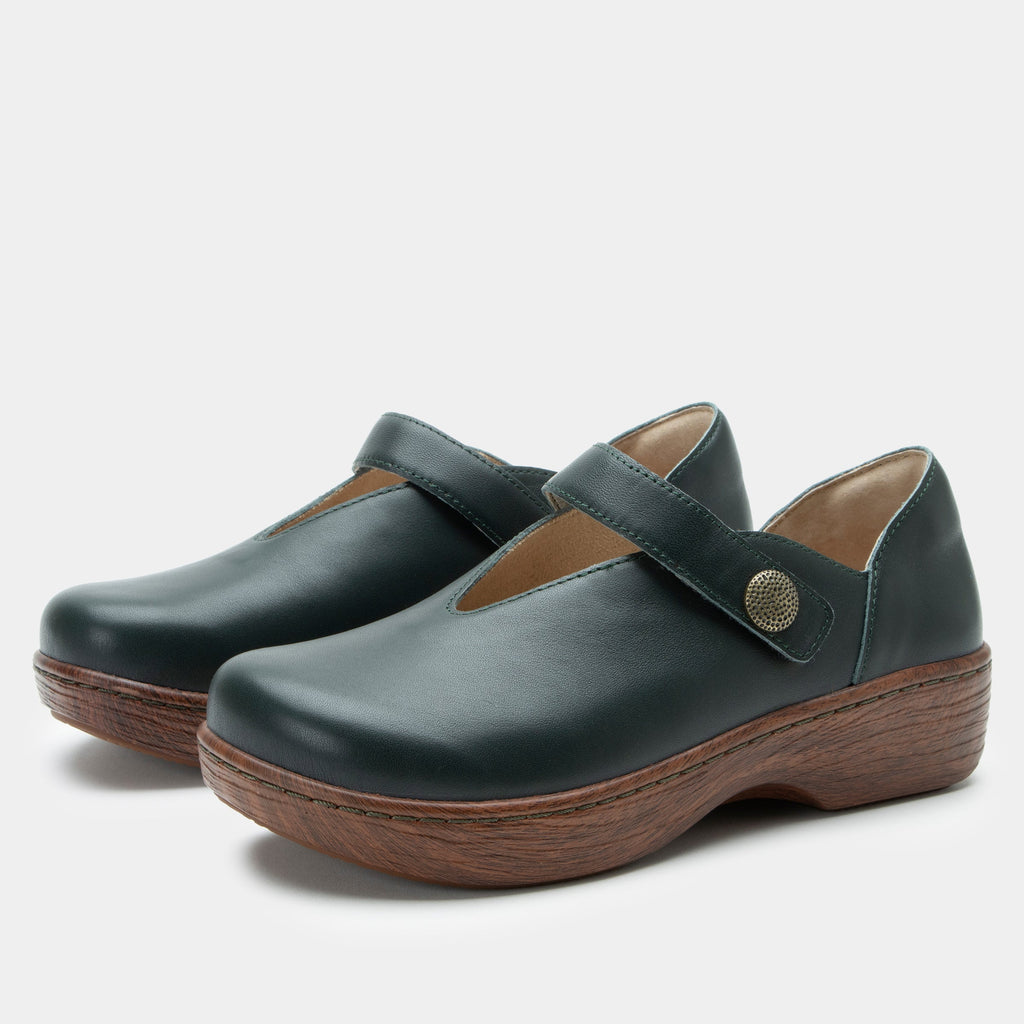 Opheliah Tree Hugs slip on style shoe on a Wood look rocker outsole |Black leather with brown outsole.