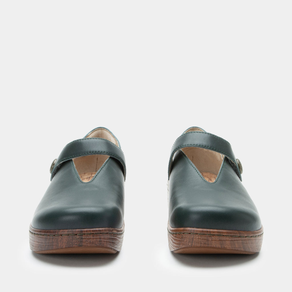 Opheliah Tree Hugs slip on style shoe on a Wood look rocker outsole |Black leather with brown outsole.