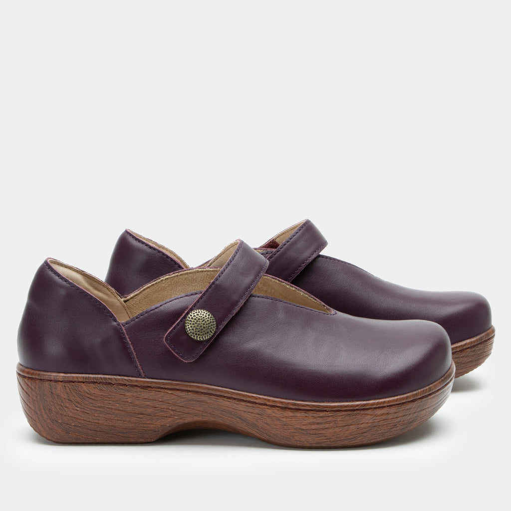 Opheliah Wino Forever slip on style shoe on a Wood look rocker outsole |Burgundy leather with a brown outsole.