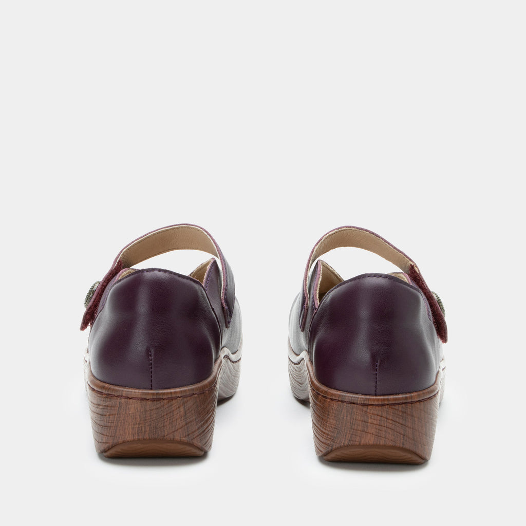 Opheliah Wino Forever slip on style shoe on a Wood look rocker outsole |Burgundy leather with a brown outsole.