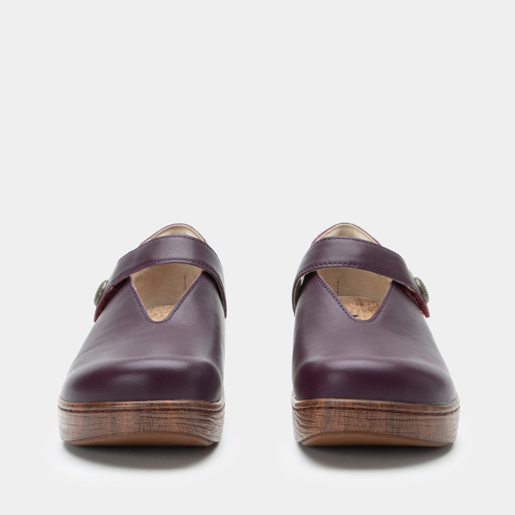 Opheliah Wino Forever slip on style shoe on a Wood look rocker outsole |Burgundy leather with a brown outsole.