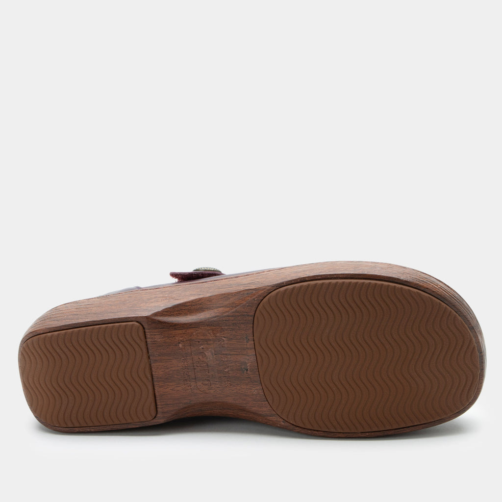 Opheliah Wino Forever slip on style shoe on a Wood look rocker outsole |Burgundy leather with a brown outsole.