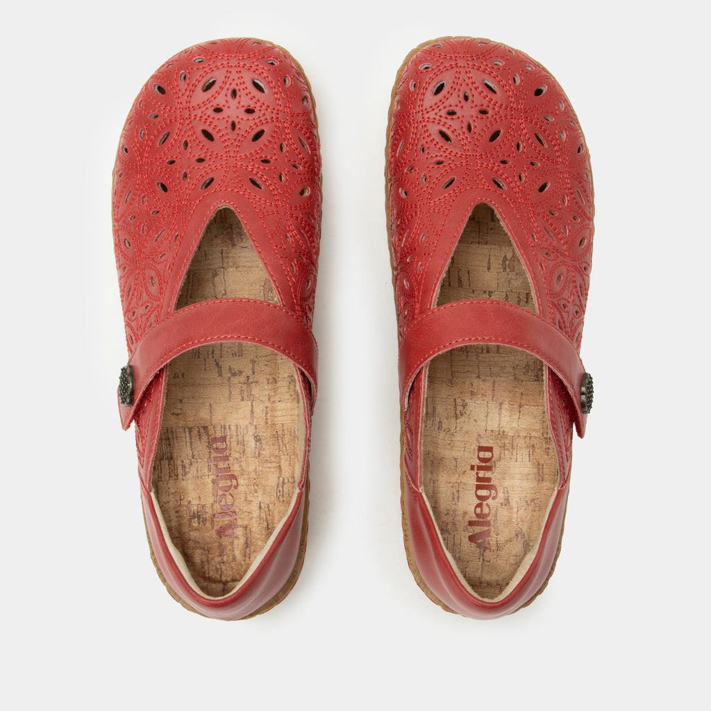 Opheliah Razberry Breeze slip on style shoe on a Wood look rocker outsole | Red leather upper with laser cutouts and stitching details.