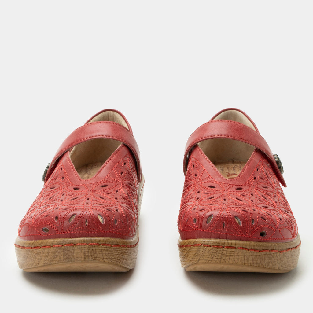 Opheliah Razberry Breeze slip on style shoe on a Wood look rocker outsole | Red leather upper with laser cutouts and stitching details.