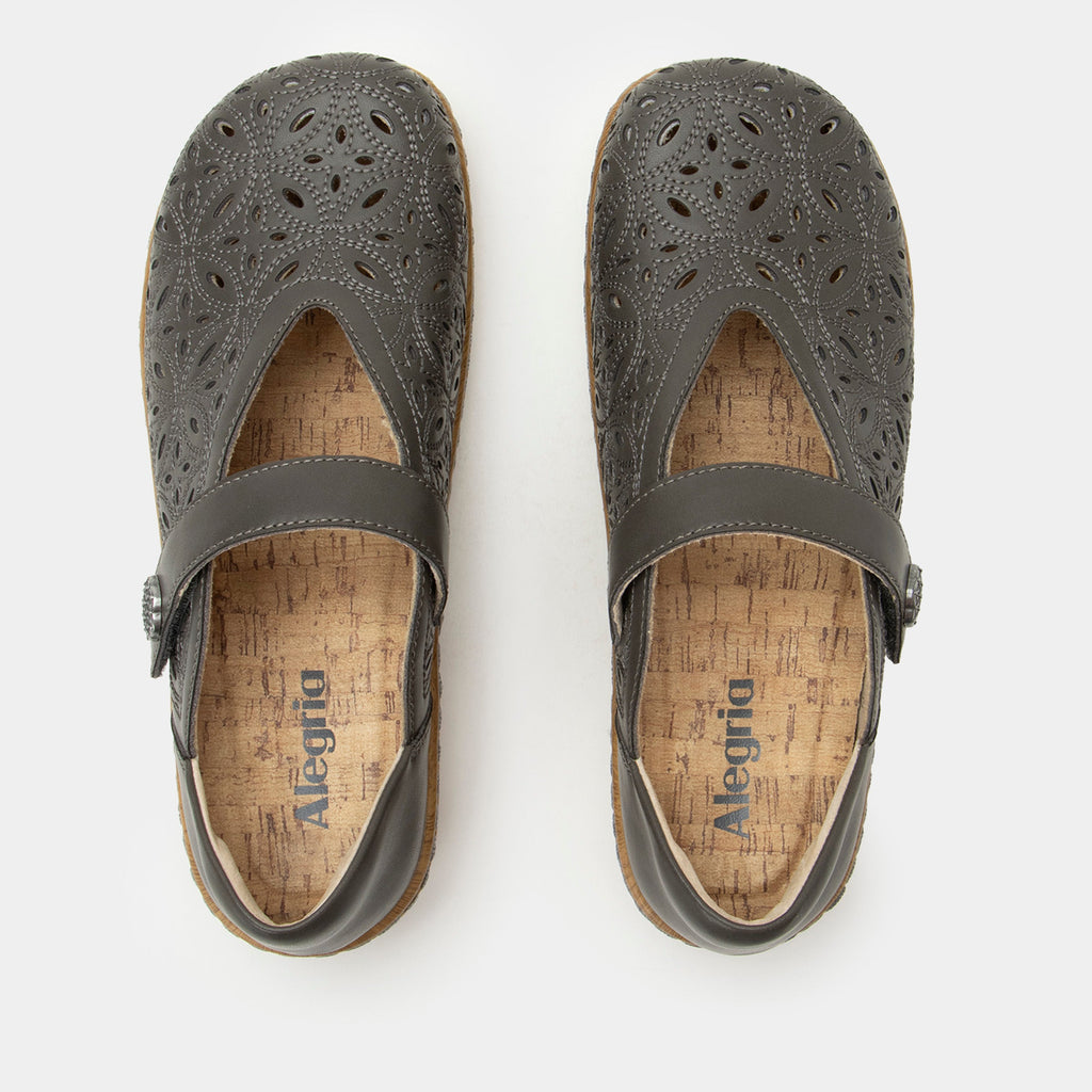 Opheliah Stone Breeze slip on style shoe on a Wood look rocker outsole - Grey leather upper with laser cutouts and stitching details.