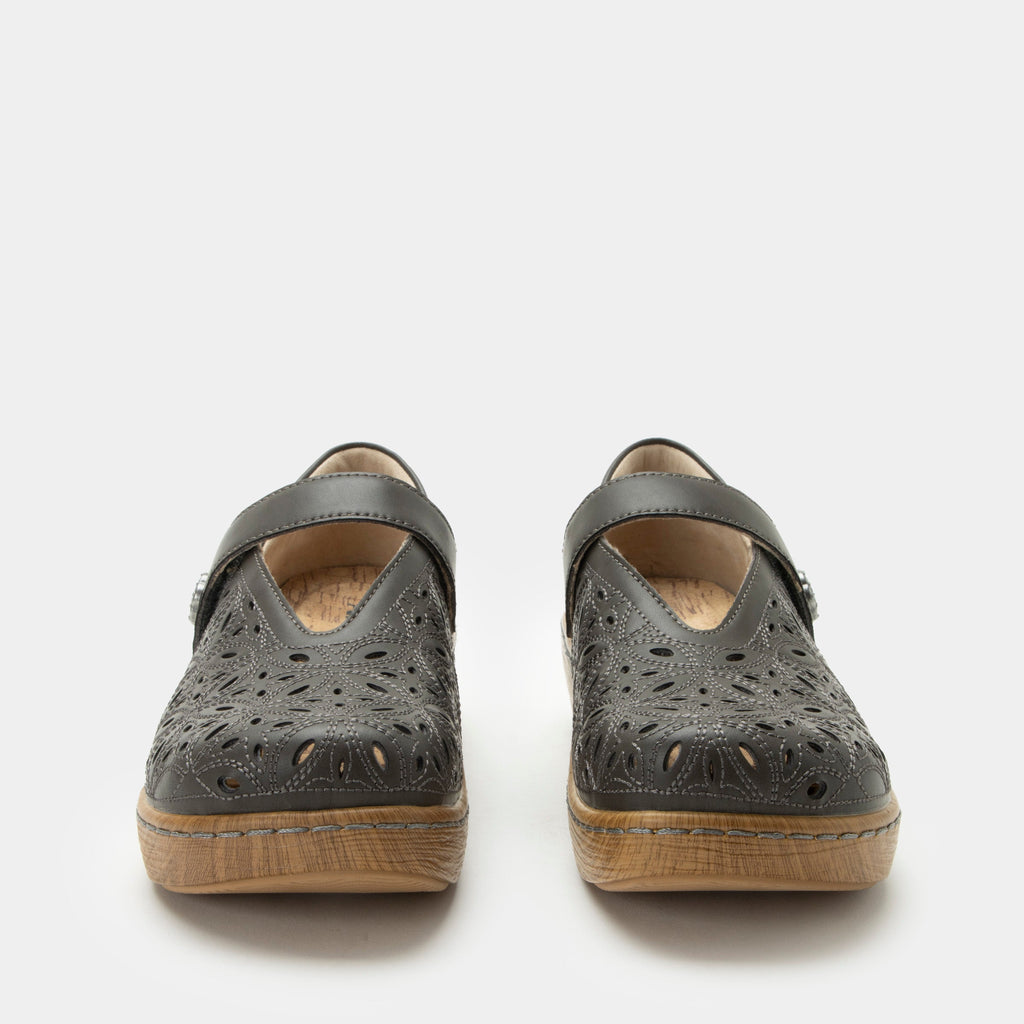 Opheliah Stone Breeze slip on style shoe on a Wood look rocker outsole - Grey leather upper with laser cutouts and stitching details.