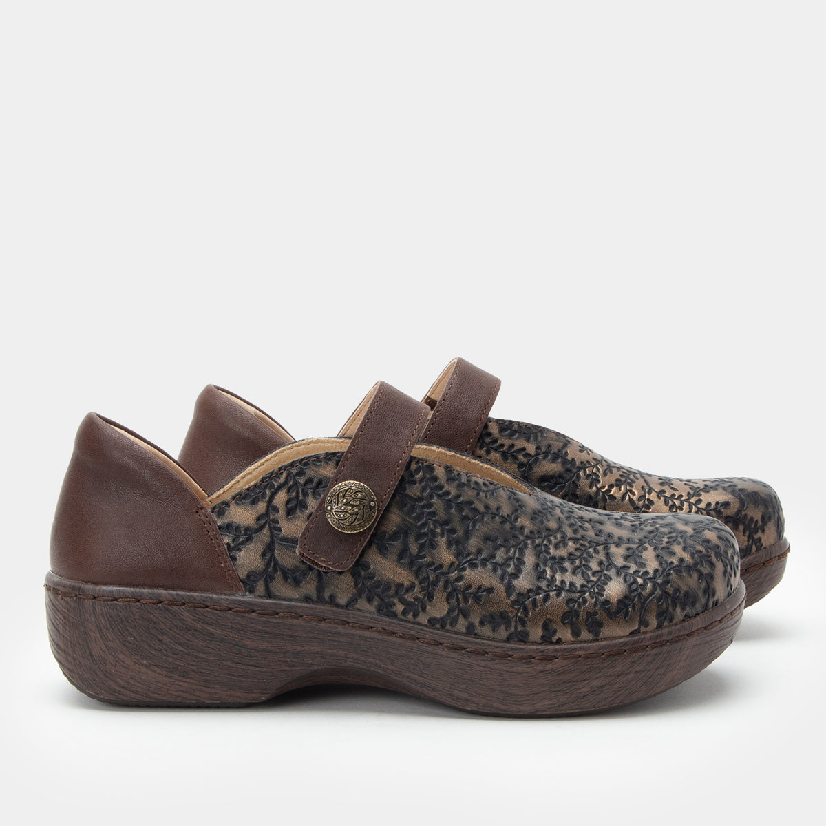 Opheliah Ivy Brush Bronze mary-jane style shoe on a Wood look rocker outsole.
