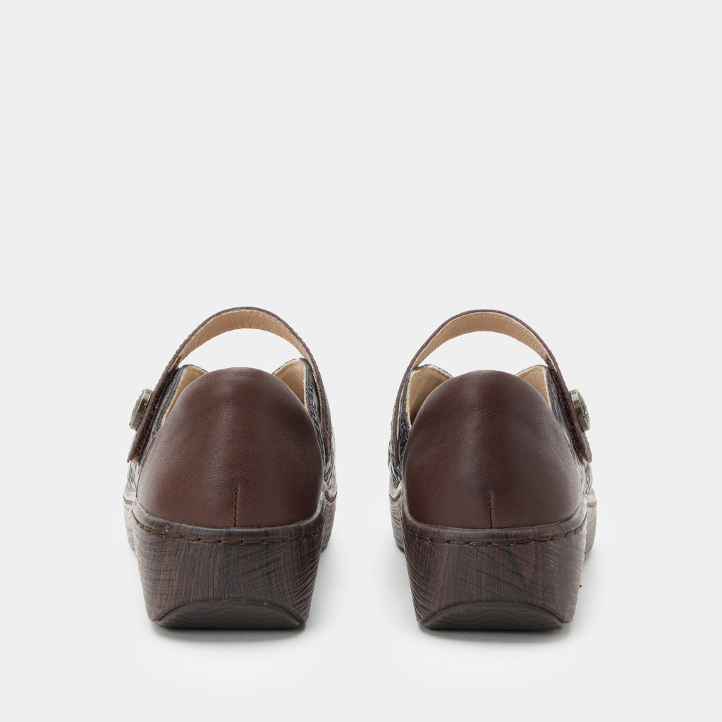 Opheliah Ivy Brush Bronze mary-jane style shoe on a Wood look rocker outsole.