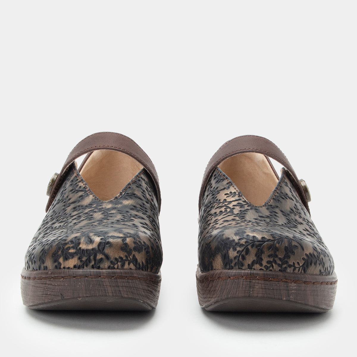 Opheliah Ivy Brush Bronze mary-jane style shoe on a Wood look rocker outsole.