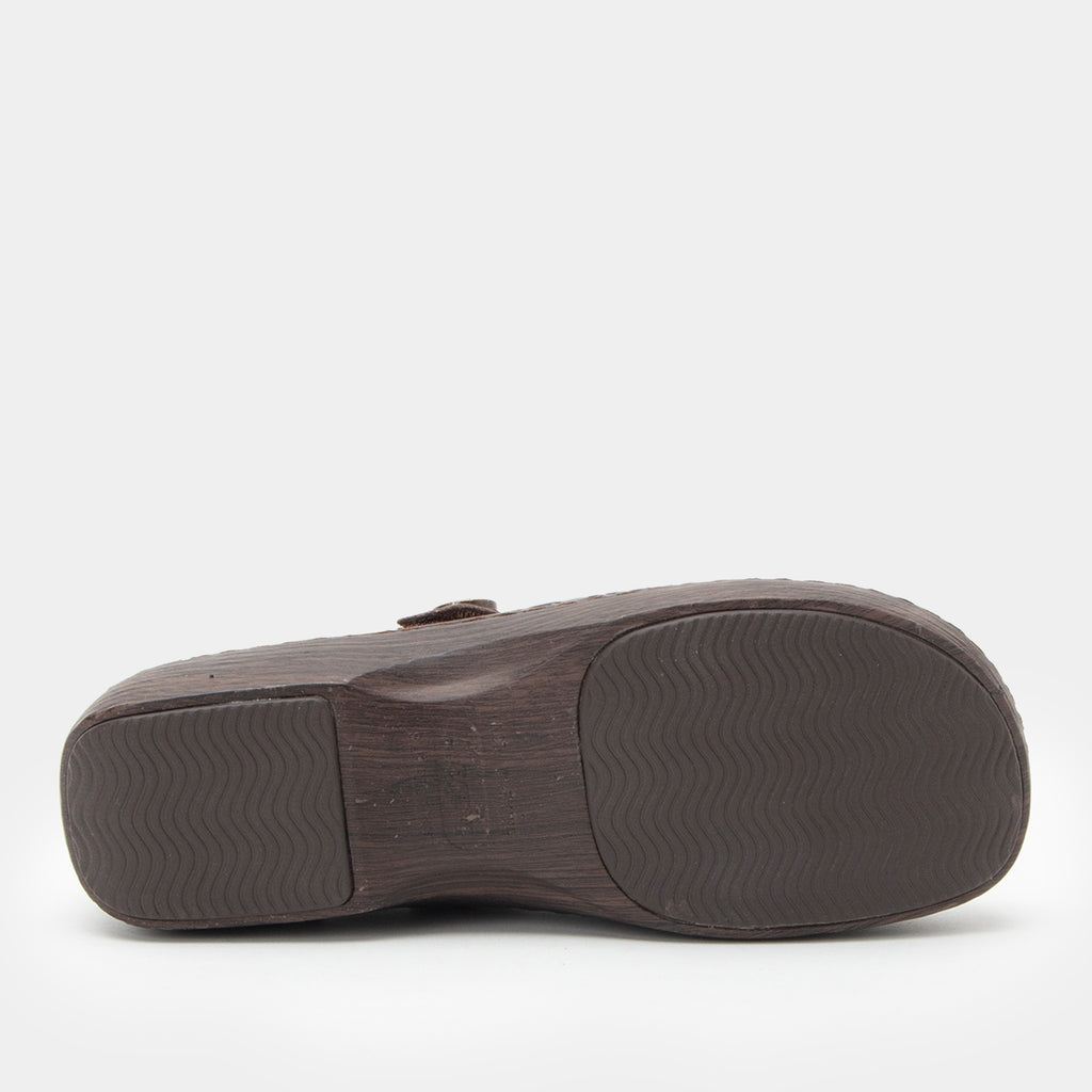 Opheliah Ivy Brush Bronze mary-jane style shoe on a Wood look rocker outsole.