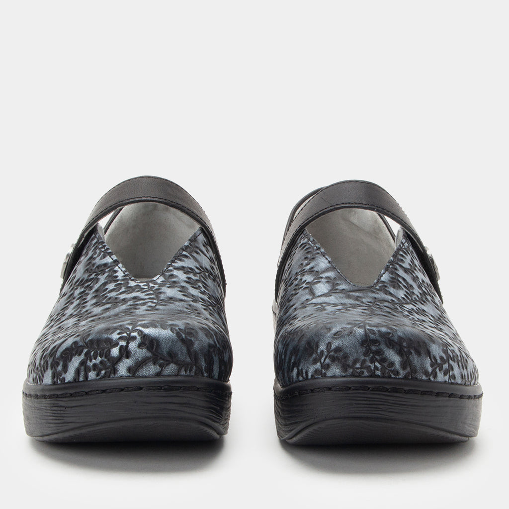 Opheliah Ivy Brush Silver mary-jane style shoe on a Wood look rocker outsole.  