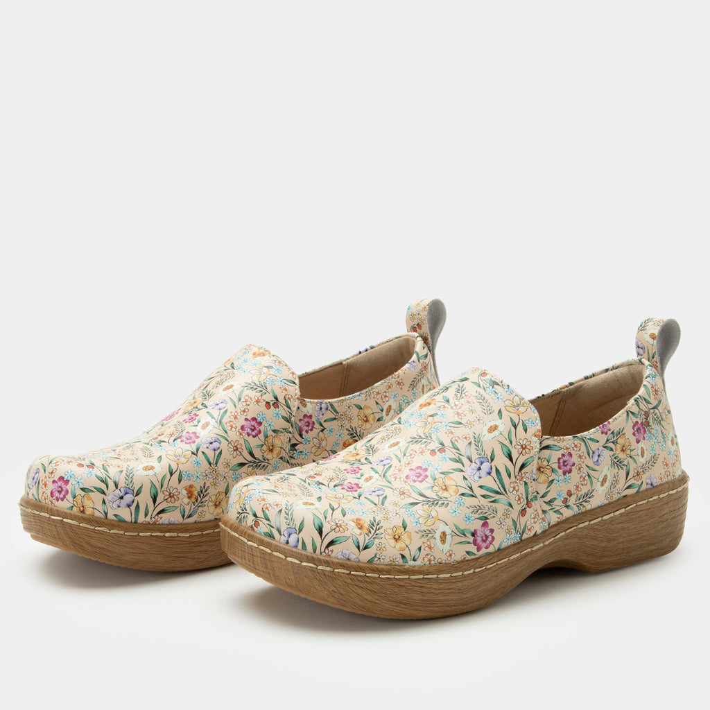 Orygin Summer Thyme slip on style shoe on a Wood look rocker outsole | Florals on tan leather upper.