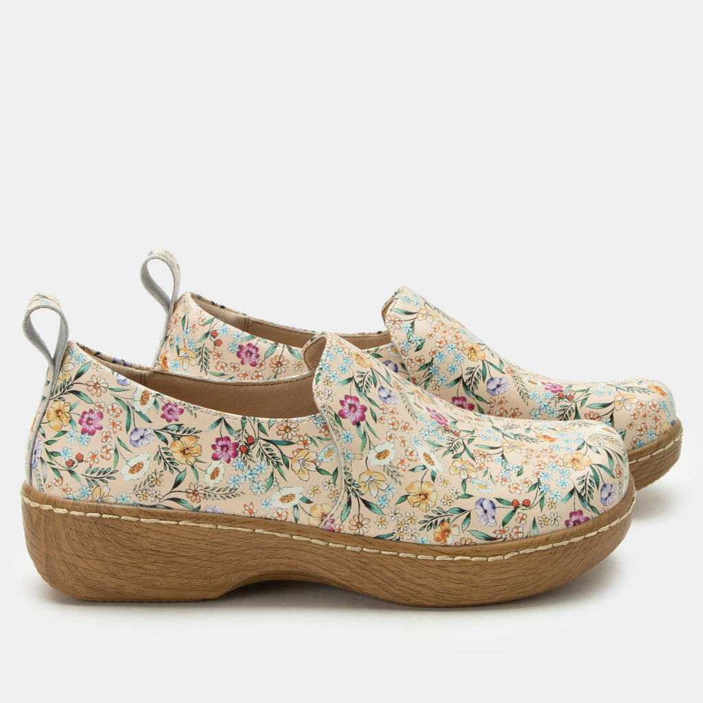 Orygin Summer Thyme slip on style shoe on a Wood look rocker outsole | Florals on tan leather upper.