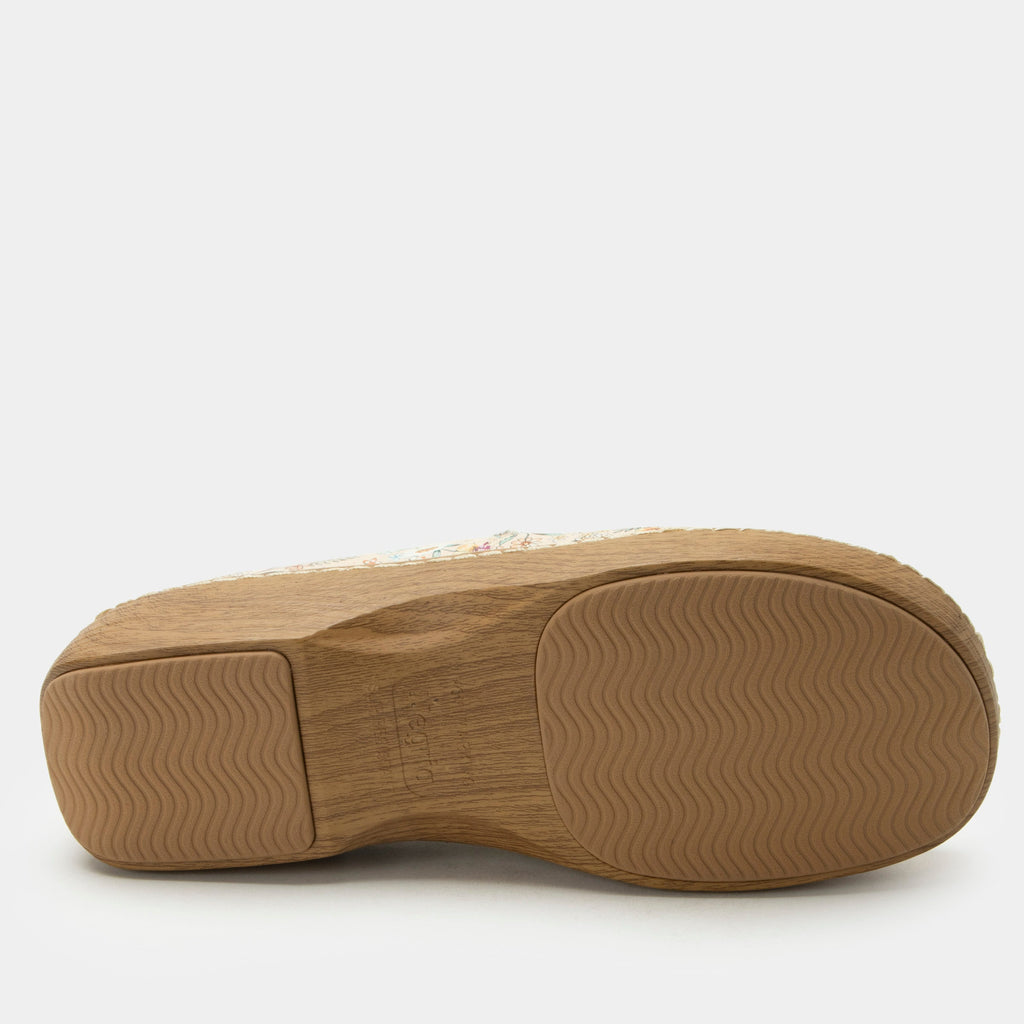 Orygin Summer Thyme slip on style shoe on a Wood look rocker outsole | Florals on tan leather upper.