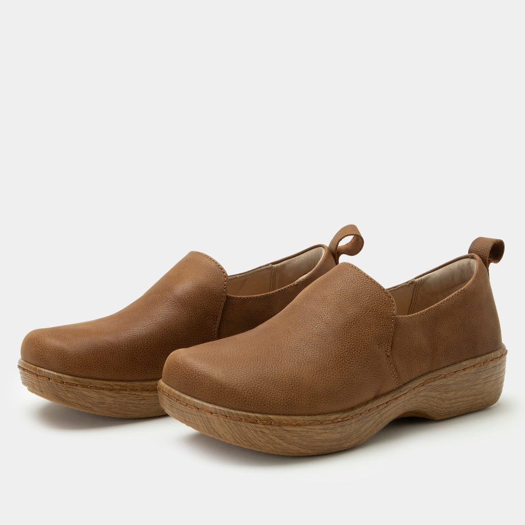 Orygin Maple slip on style shoe on a Wood look rocker outsole | Brown nubuck leather upper.