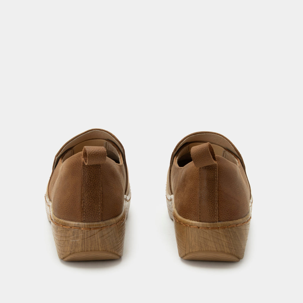 Orygin Maple slip on style shoe on a Wood look rocker outsole | Brown nubuck leather upper.