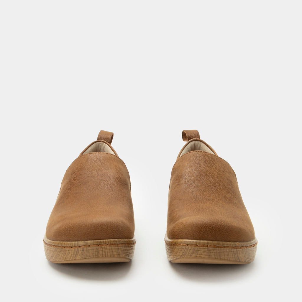 Orygin Maple slip on style shoe on a Wood look rocker outsole | Brown nubuck leather upper.