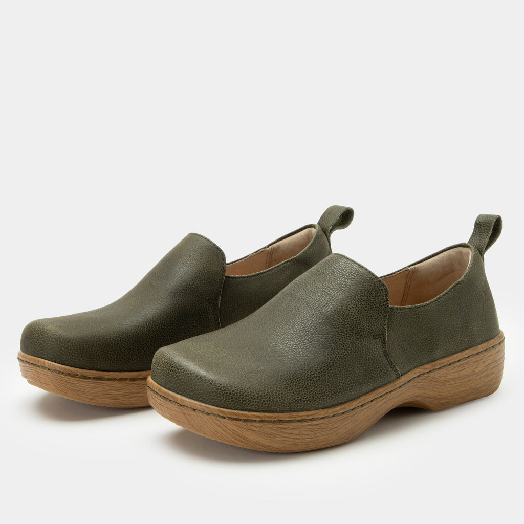 Orygin Avocado slip on style shoe on a Wood look rocker outsole |Green nubuck leather upper.