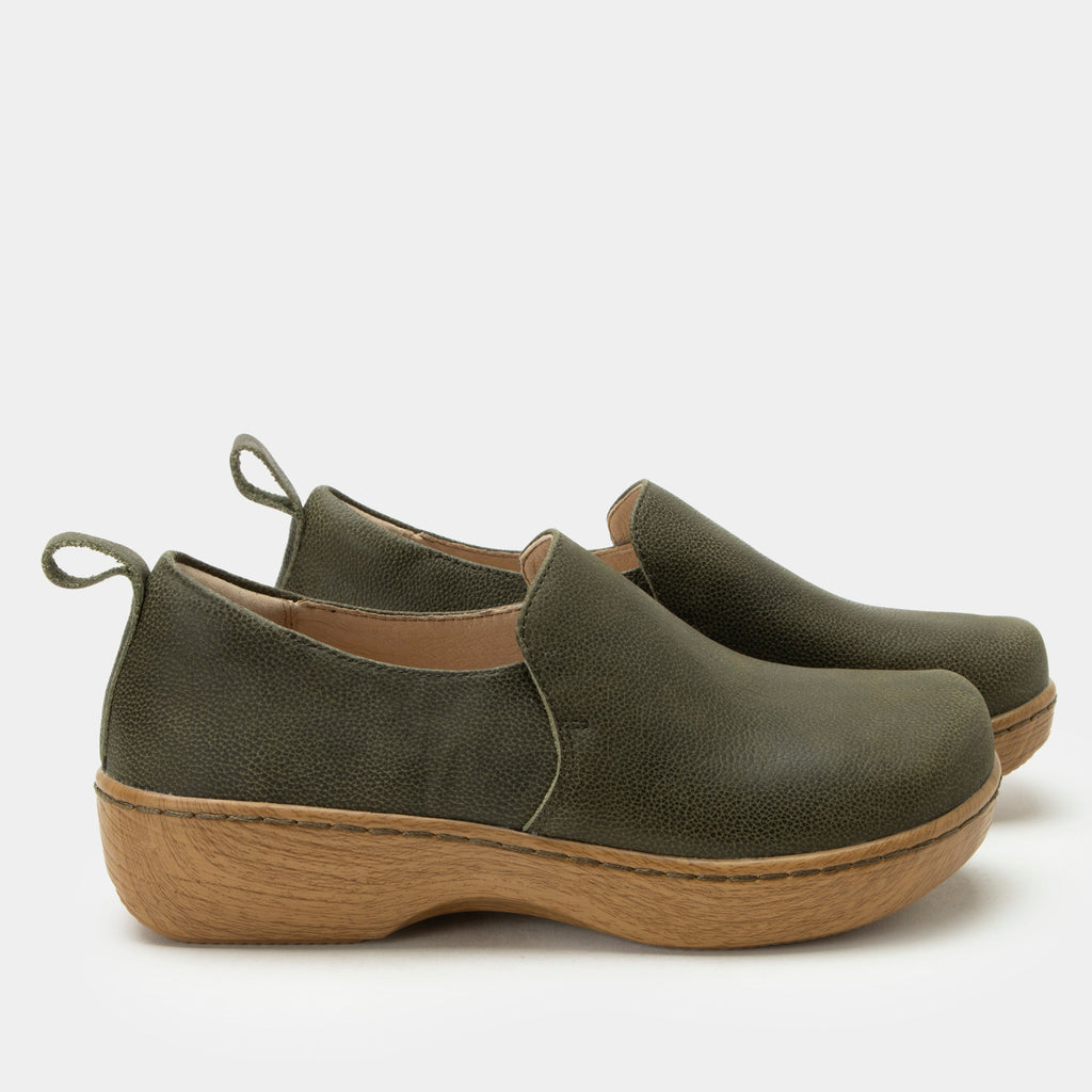 Orygin Avocado slip on style shoe on a Wood look rocker outsole |Green nubuck leather upper.