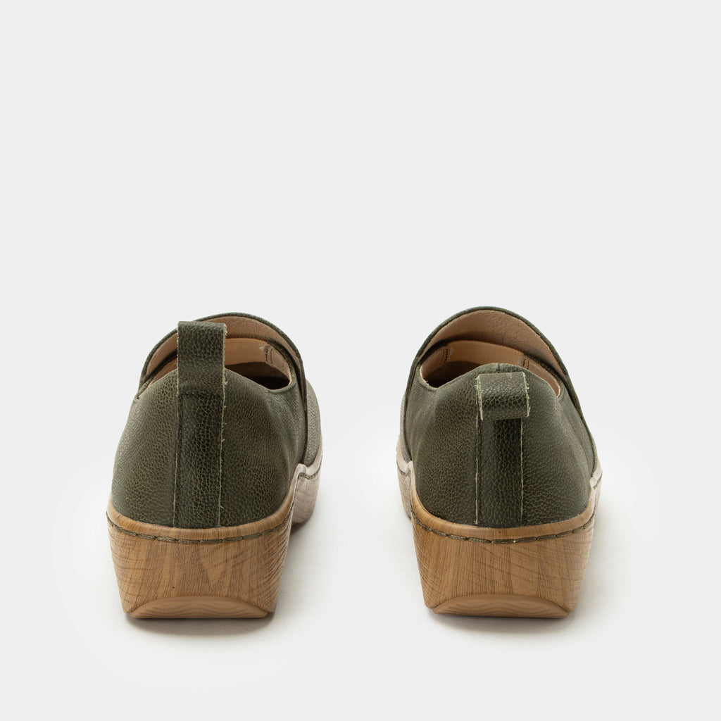 Orygin Avocado slip on style shoe on a Wood look rocker outsole |Green nubuck leather upper.