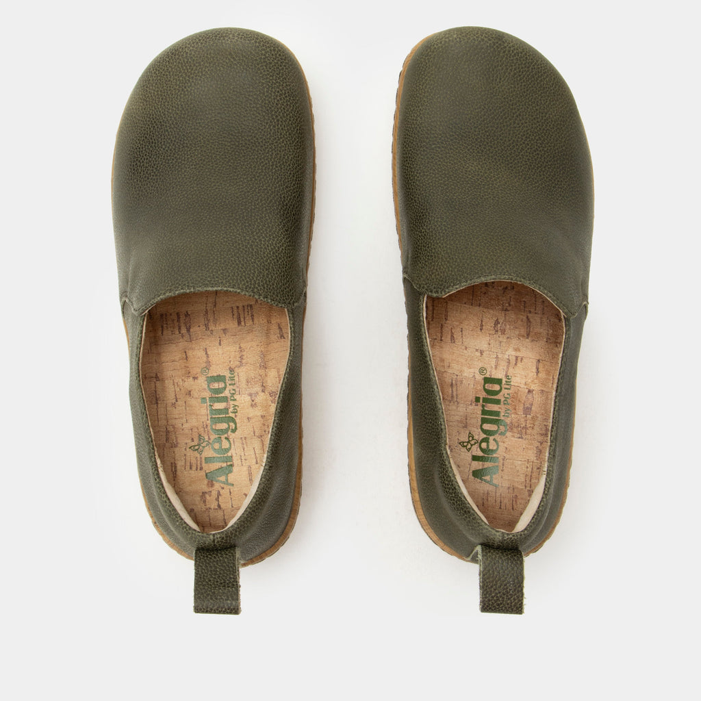 Orygin Avocado slip on style shoe on a Wood look rocker outsole |Green nubuck leather upper.