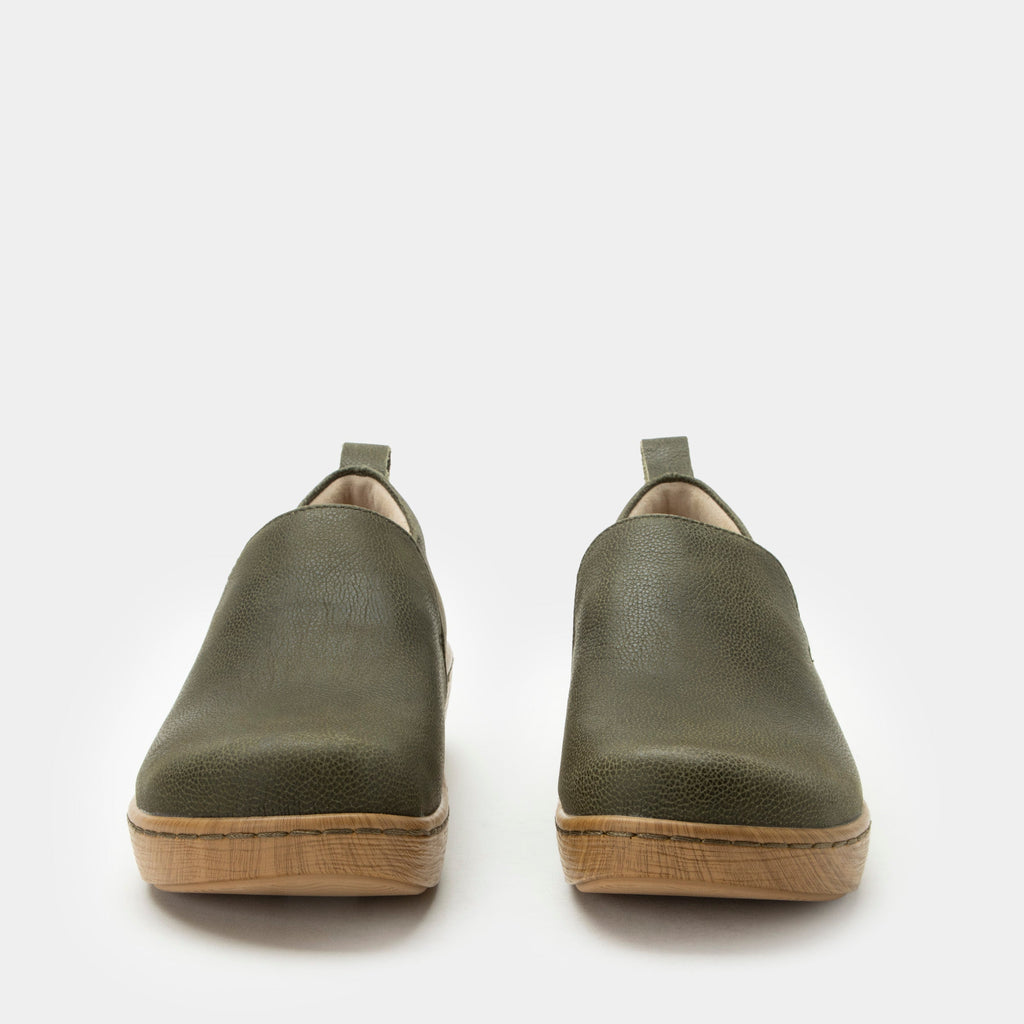 Orygin Avocado slip on style shoe on a Wood look rocker outsole |Green nubuck leather upper.