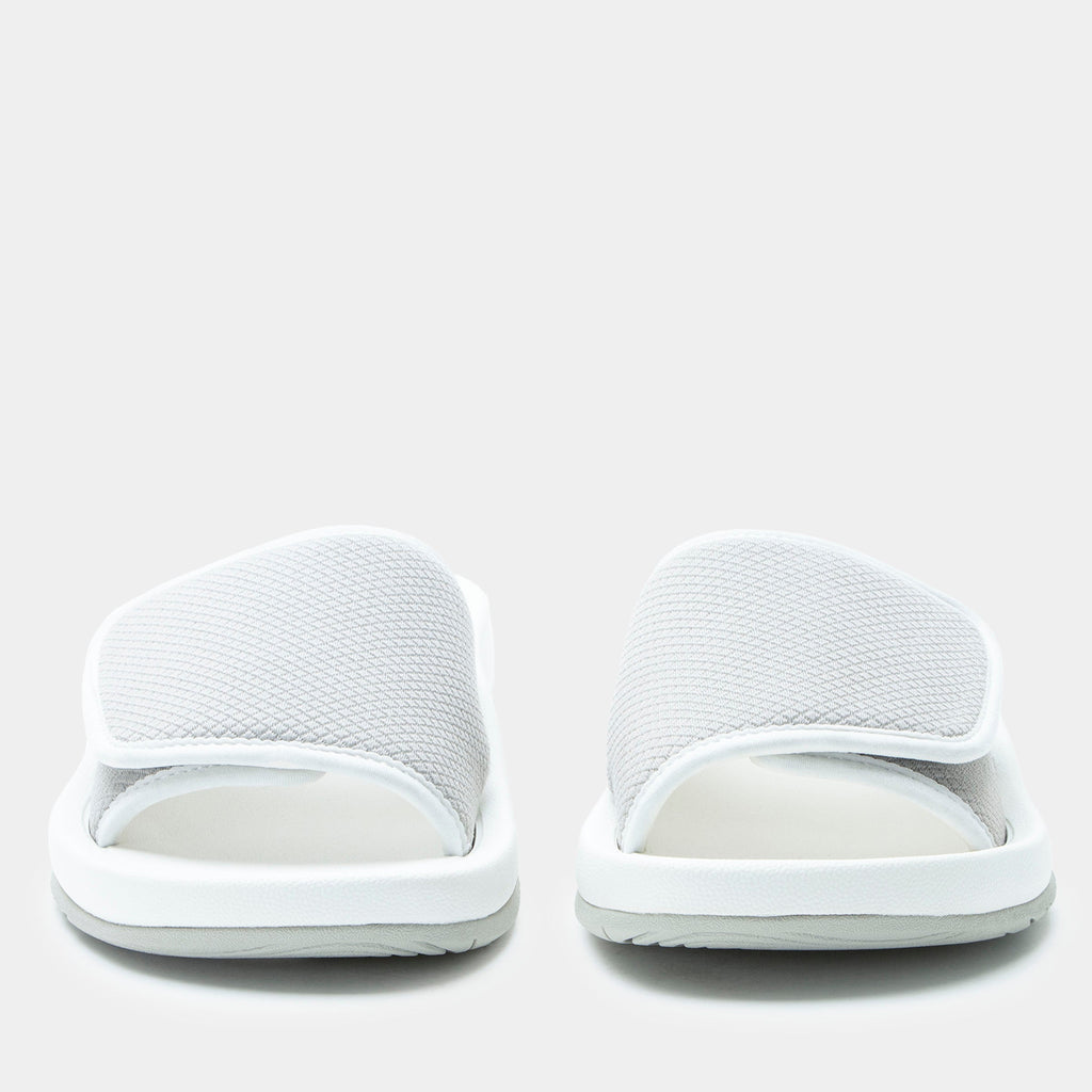 Ova8tion Dove sandal on a Ergo Foam outsole | White and grey slide on sandal with a mesh upper and lining.