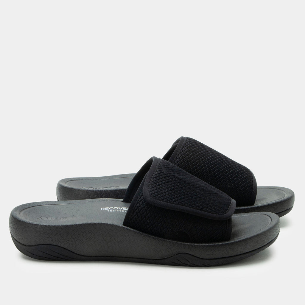 Ova8tion Raven sandal on a Ergo Foam outsole | Black slide on sandal with a mesh upper and lining.