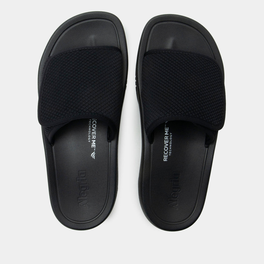 Ova8tion Raven sandal on a Ergo Foam outsole | Black slide on sandal with a mesh upper and lining.