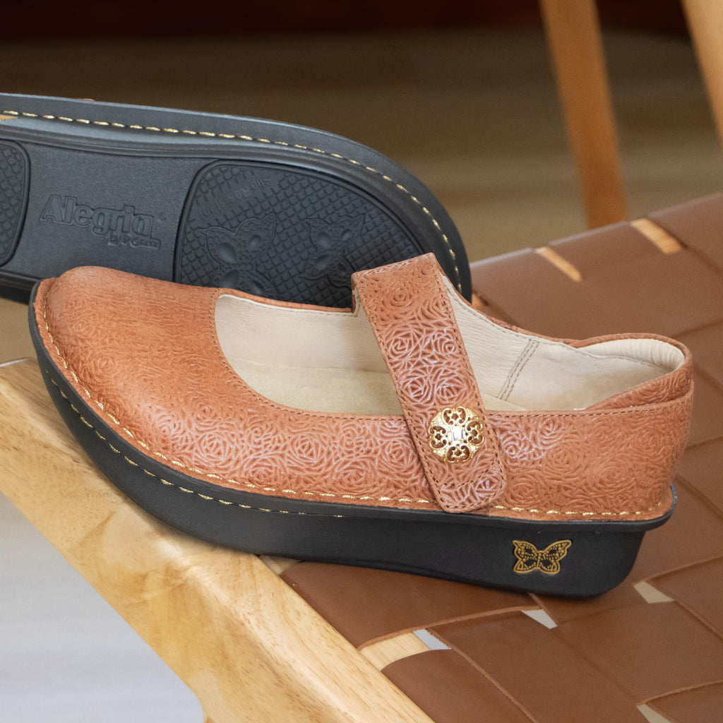 Paloma Carmelita Mary Jane on a Classic rocker outsole | Carmel colored mary jane shoe with laser etched leather uppers.