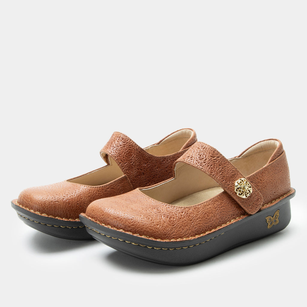 Paloma Carmelita Mary Jane on a Classic rocker outsole | Carmel colored mary jane shoe with laser etched leather uppers.